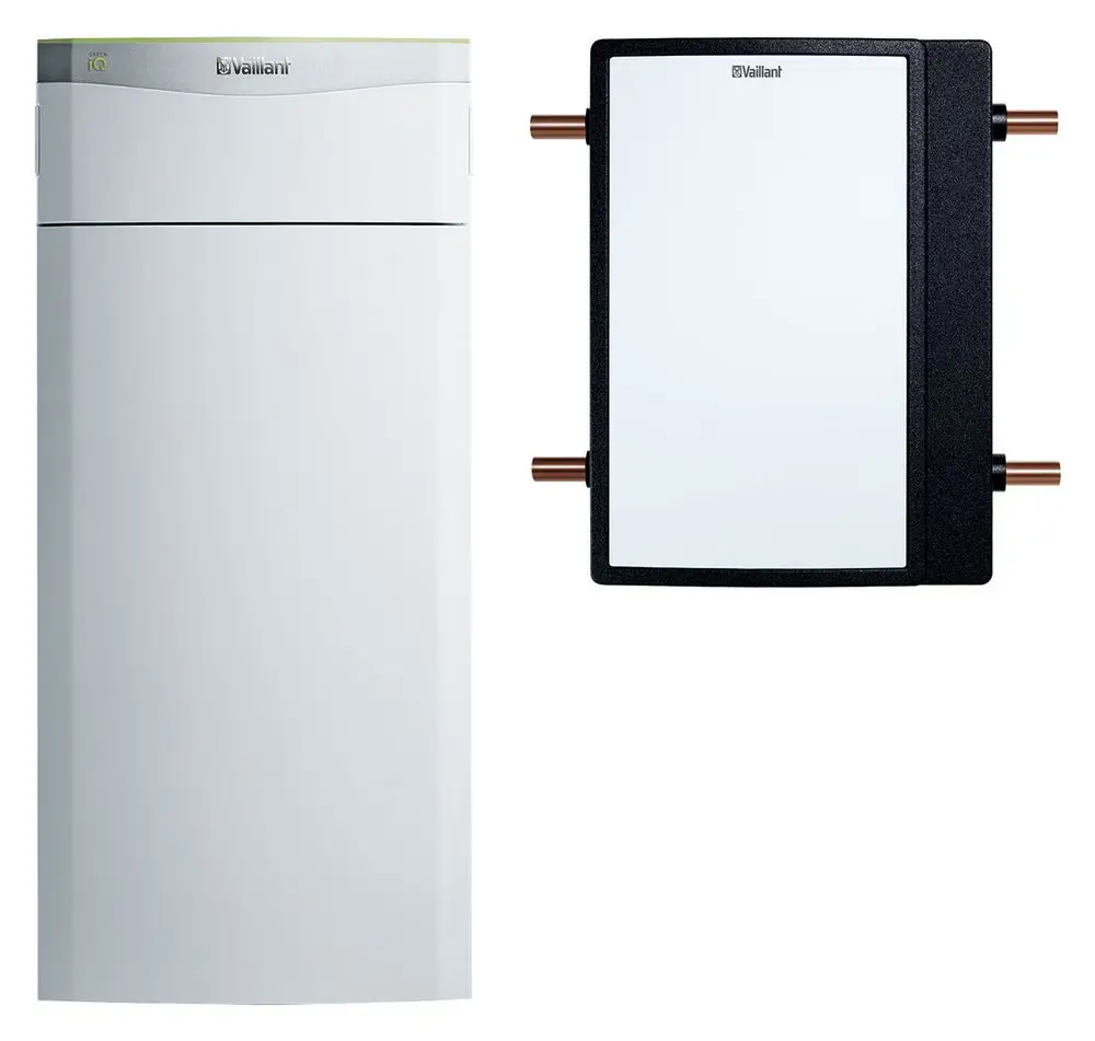 Vaillant Heizungswärmepumpe in weißer Gehäusefarbe, kombiniert mit einem schwarzen Kompaktmodul mit zwei Kupferanschlüssen, montiert nebeneinander.